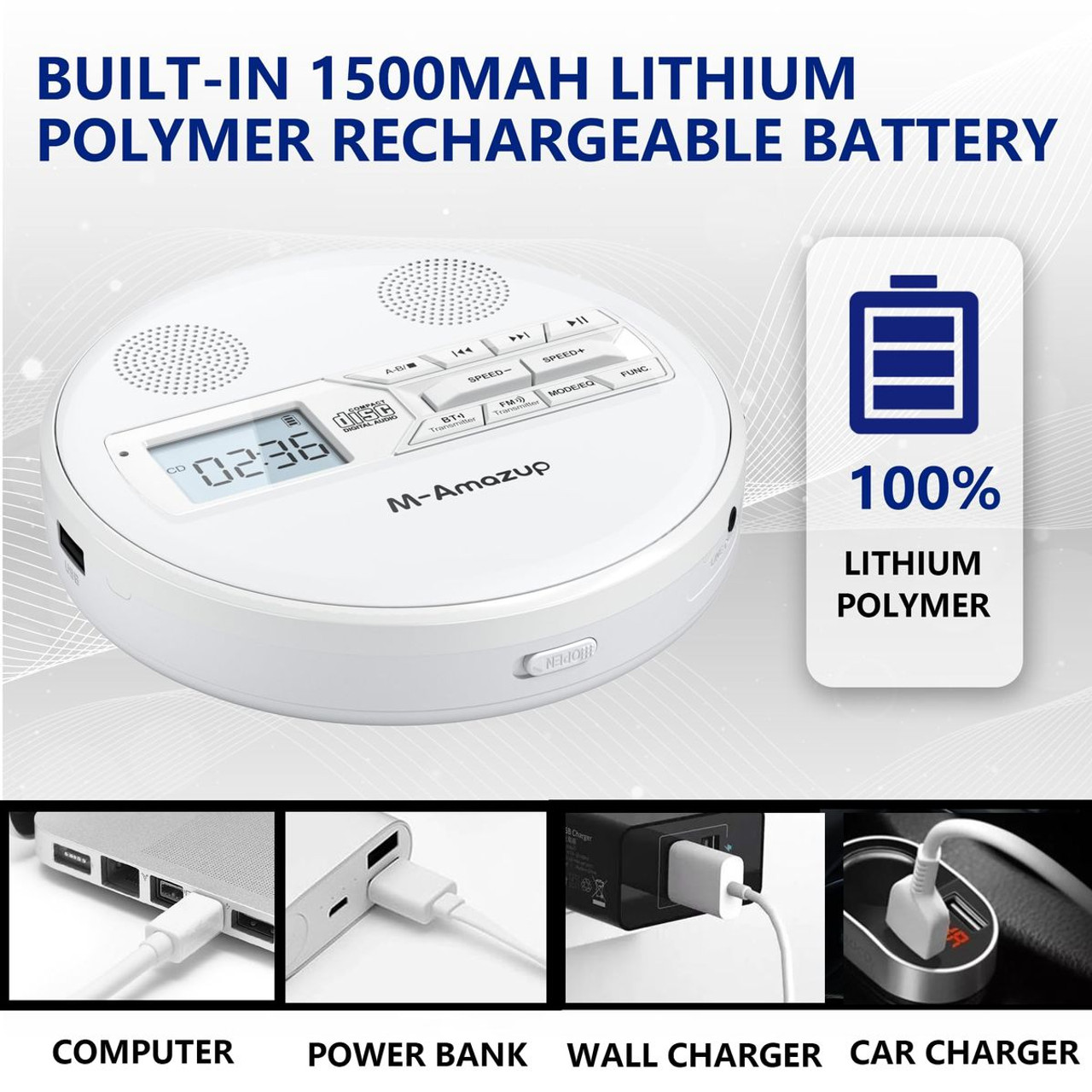 Rechargeable Portable CD Player with Dual Speakers and Anti Skip,CD,Dual Bluetooth,FM Transmission,USB,AUX,LCD Display,Backlit Button,Repeat-White product image Rechargeable Portable CD Player with Dual Speakers and Anti Skip,CD,Dual Bluetooth,FM Transmission,USB,AUX,LCD Display,Backlit Button,Repeat-White product image