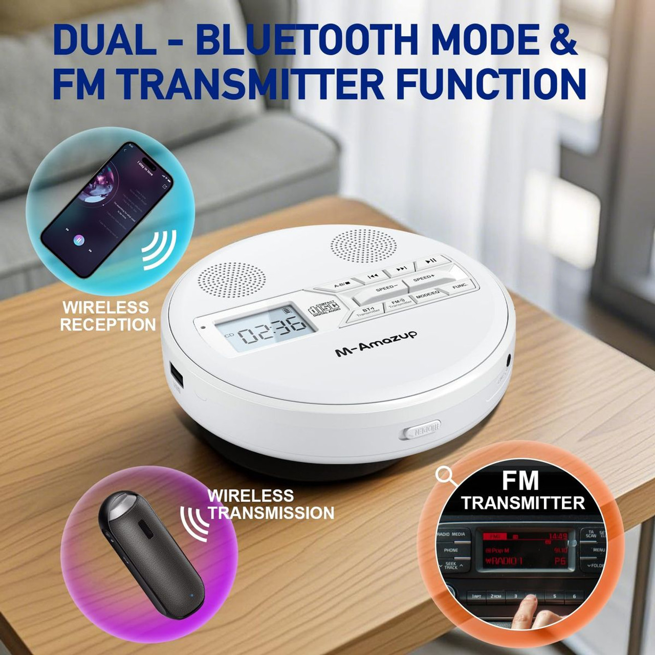 Rechargeable Portable CD Player with Dual Speakers and Anti Skip,CD,Dual Bluetooth,FM Transmission,USB,AUX,LCD Display,Backlit Button,Repeat-White product image Rechargeable Portable CD Player with Dual Speakers and Anti Skip,CD,Dual Bluetooth,FM Transmission,USB,AUX,LCD Display,Backlit Button,Repeat-White product image