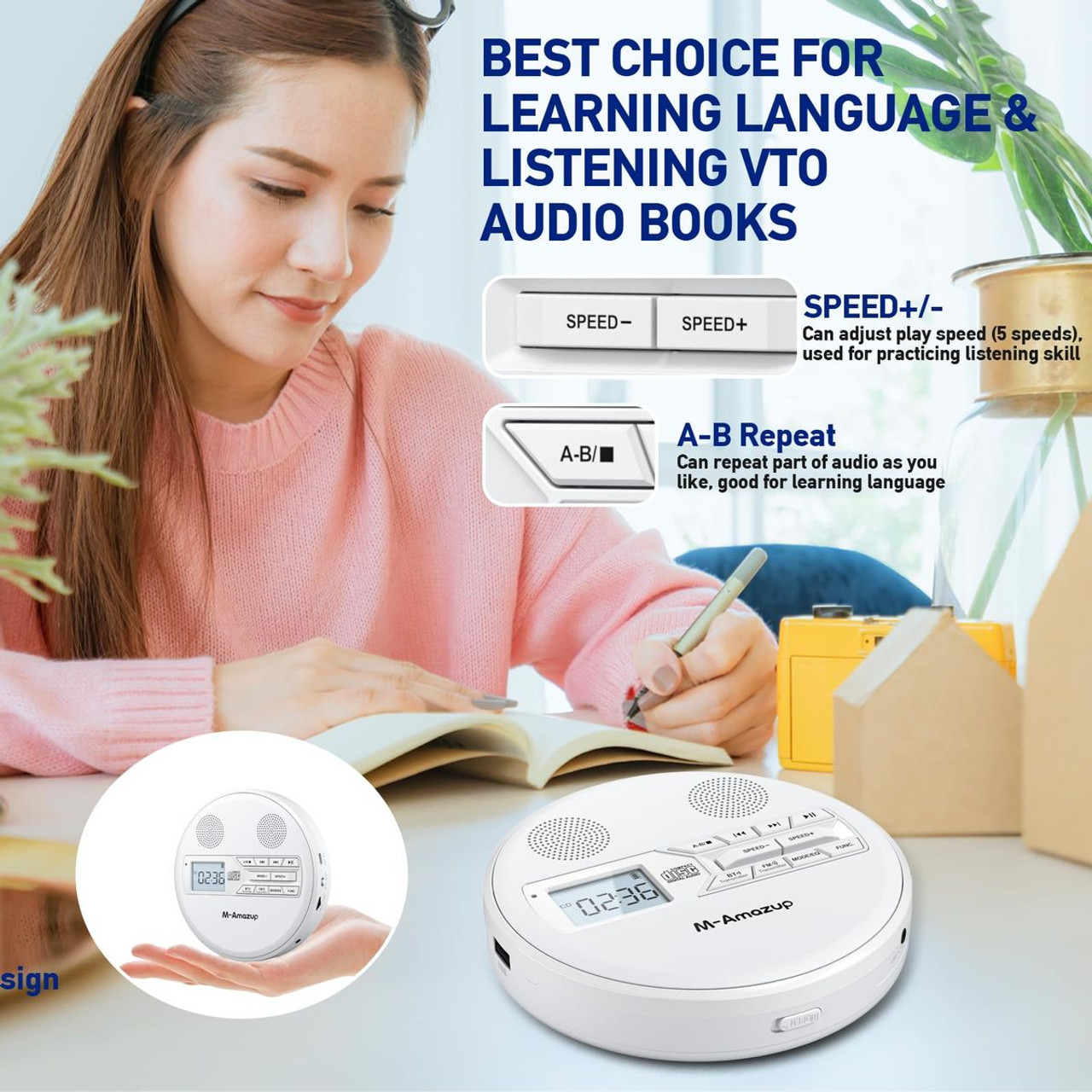 Rechargeable Portable CD Player with Dual Speakers and Anti Skip,CD,Dual Bluetooth,FM Transmission,USB,AUX,LCD Display,Backlit Button,Repeat-White product image Rechargeable Portable CD Player with Dual Speakers and Anti Skip,CD,Dual Bluetooth,FM Transmission,USB,AUX,LCD Display,Backlit Button,Repeat-White product image