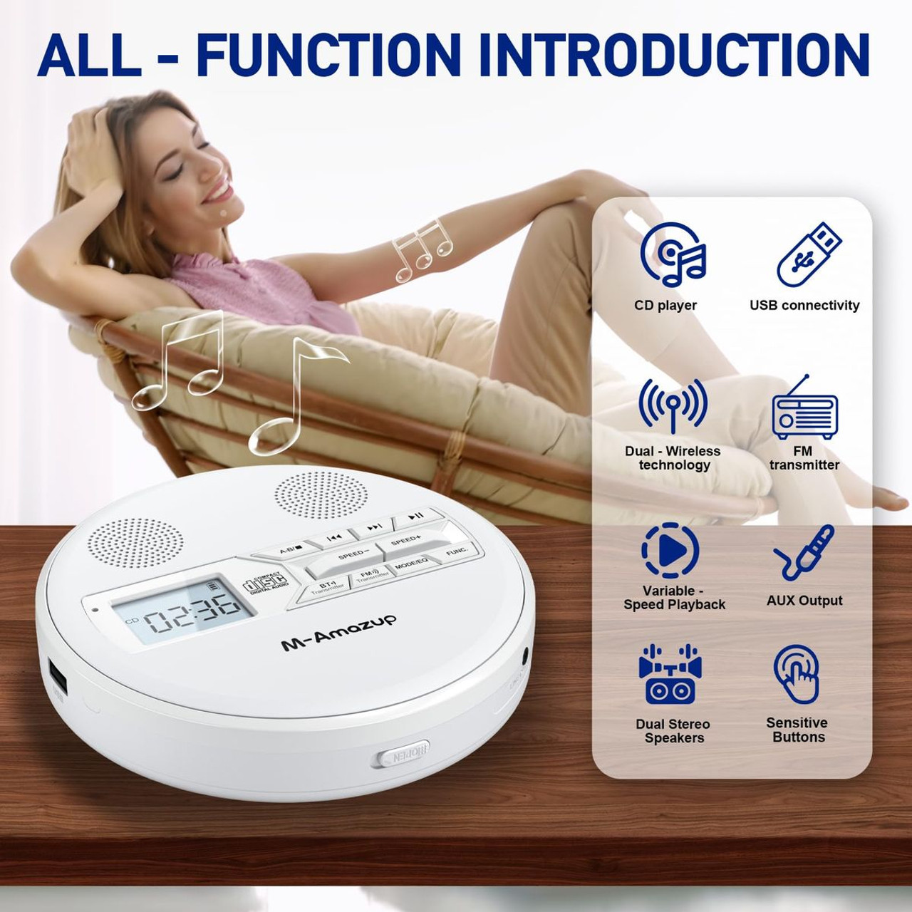 Rechargeable Portable CD Player with Dual Speakers and Anti Skip,CD,Dual Bluetooth,FM Transmission,USB,AUX,LCD Display,Backlit Button,Repeat-White product image Rechargeable Portable CD Player with Dual Speakers and Anti Skip,CD,Dual Bluetooth,FM Transmission,USB,AUX,LCD Display,Backlit Button,Repeat-White product image