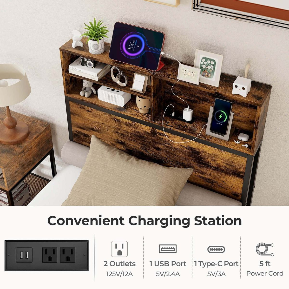 Bed Frame with Charging Station Headboad Shelves product image