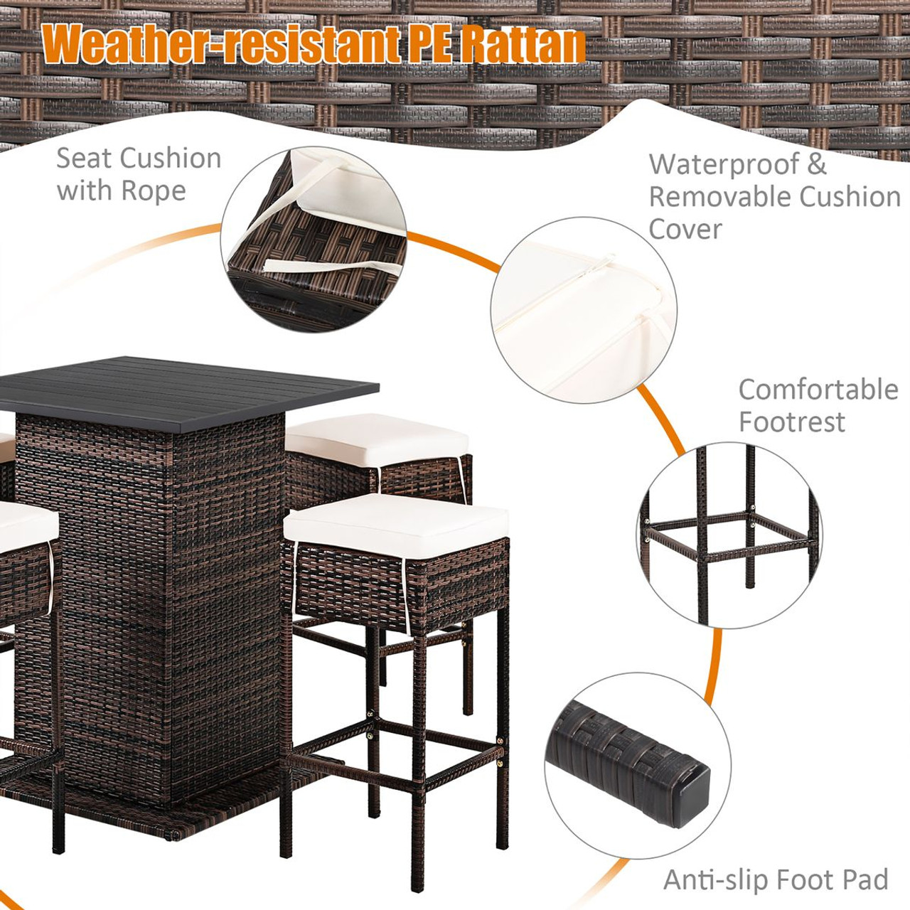 5-Piece Patio Rattan Bar Table Stool Set  product image