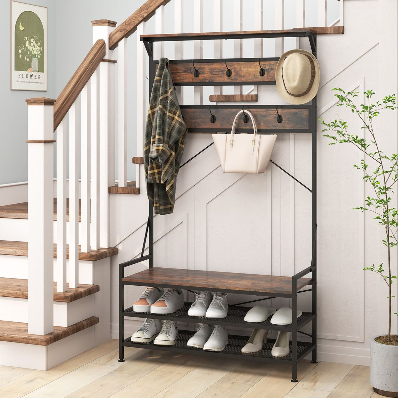  4-in-1 Coat Rack with Hooks and 2-Tier Shoe Rack product image