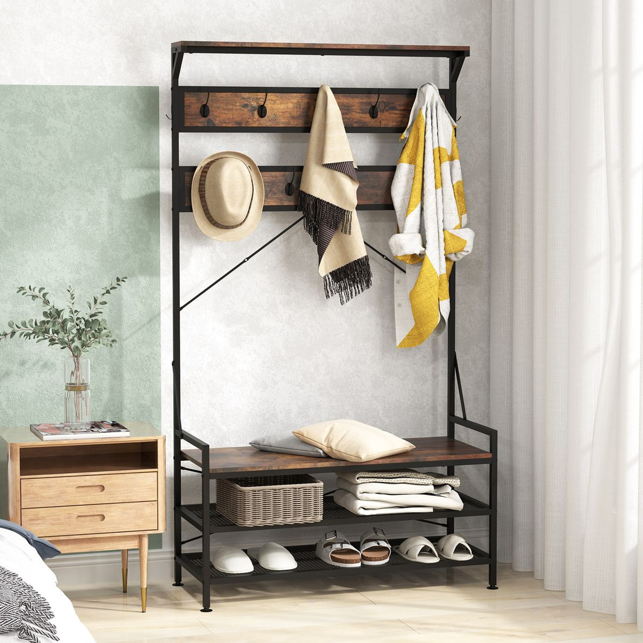  4-in-1 Coat Rack with Hooks and 2-Tier Shoe Rack product image