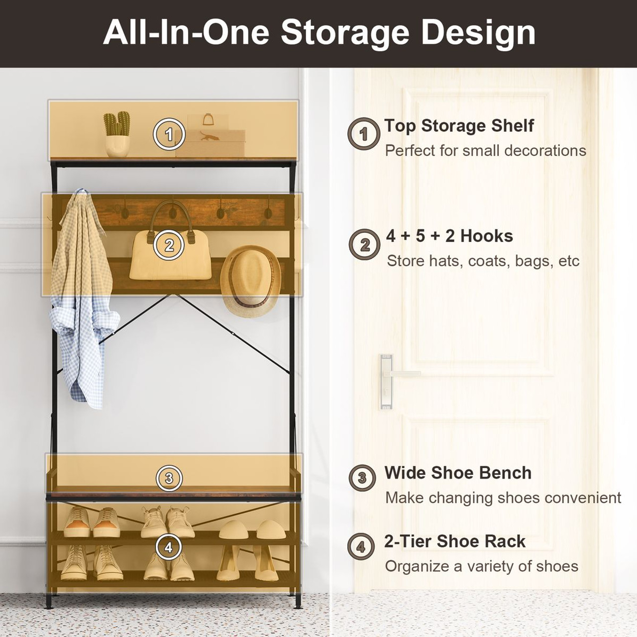  4-in-1 Coat Rack with Hooks and 2-Tier Shoe Rack product image