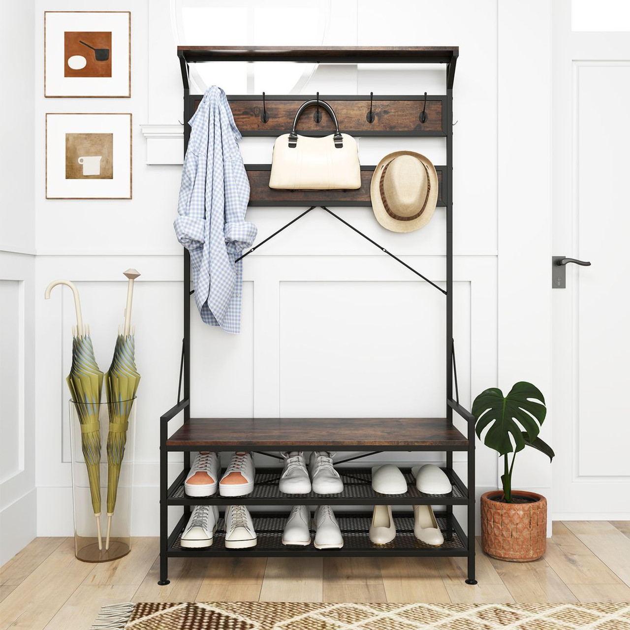  4-in-1 Coat Rack with Hooks and 2-Tier Shoe Rack product image