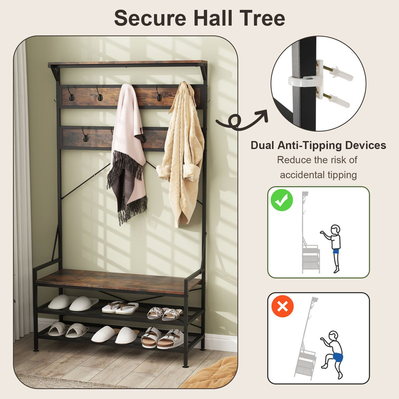  4-in-1 Coat Rack with Hooks and 2-Tier Shoe Rack product image