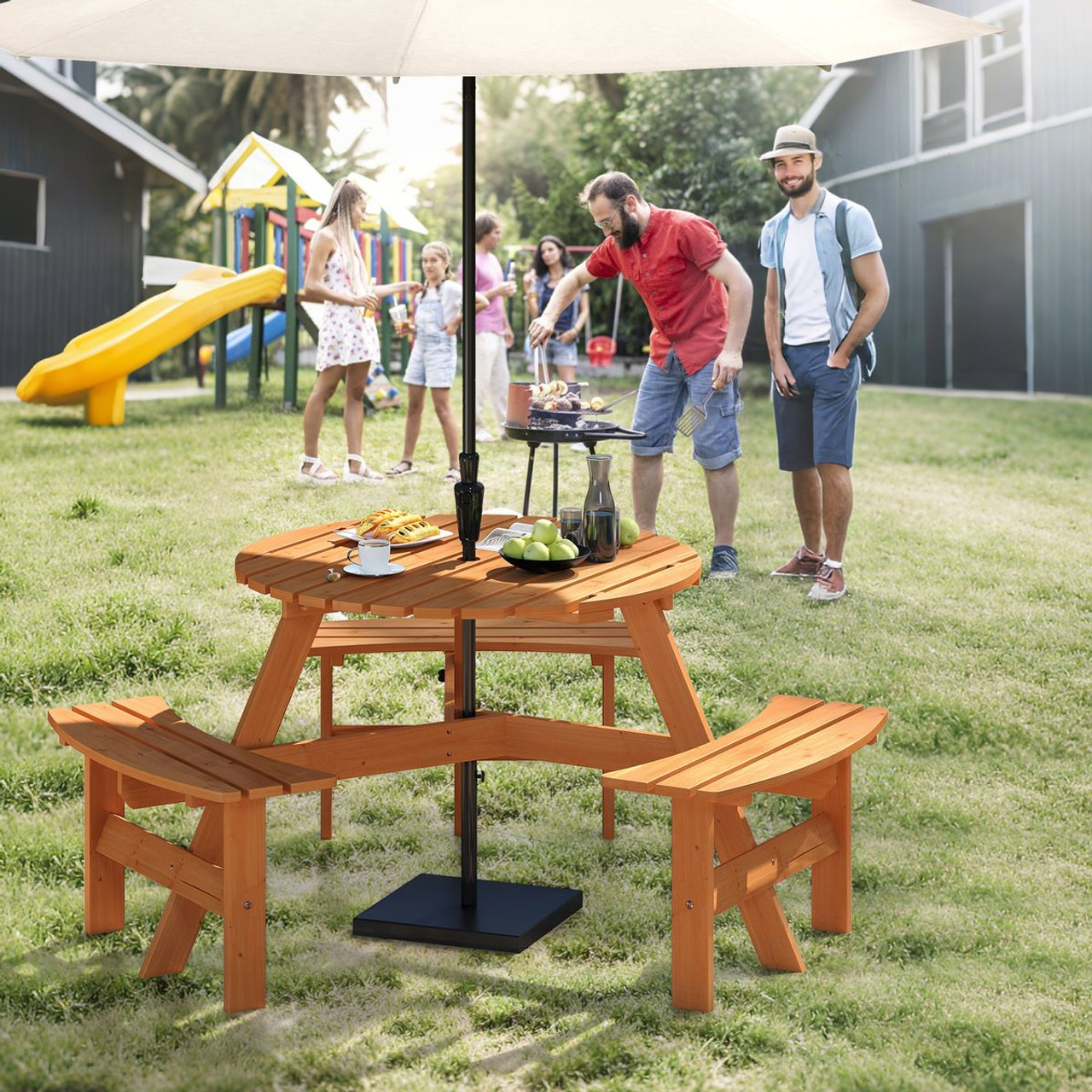 6-Person Round Picnic Table Set with Built-in Benches product image