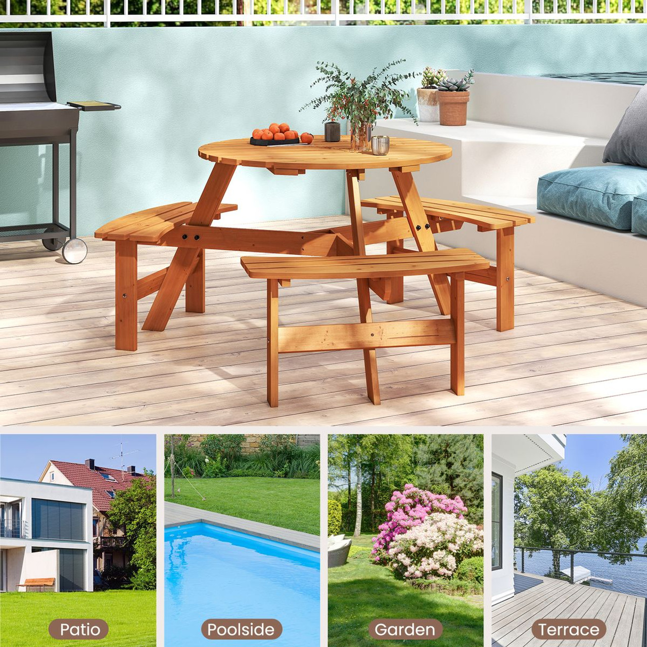 6-Person Round Picnic Table Set with Built-in Benches product image