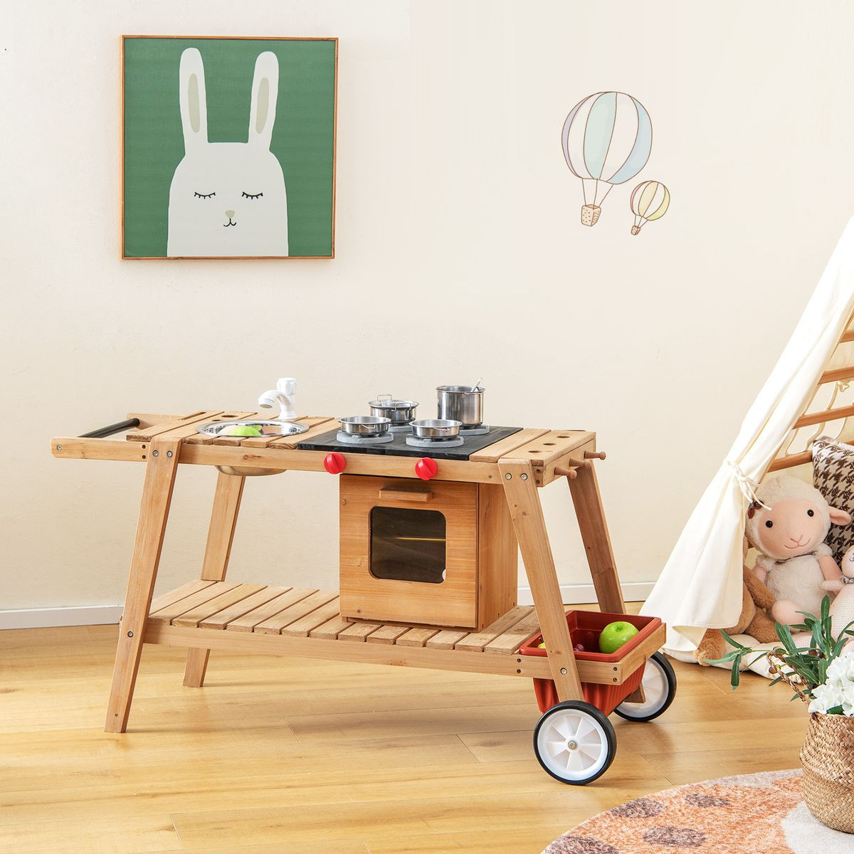 Outdoor Kids' Play Wooden Trolley with Sun Umbrella product image