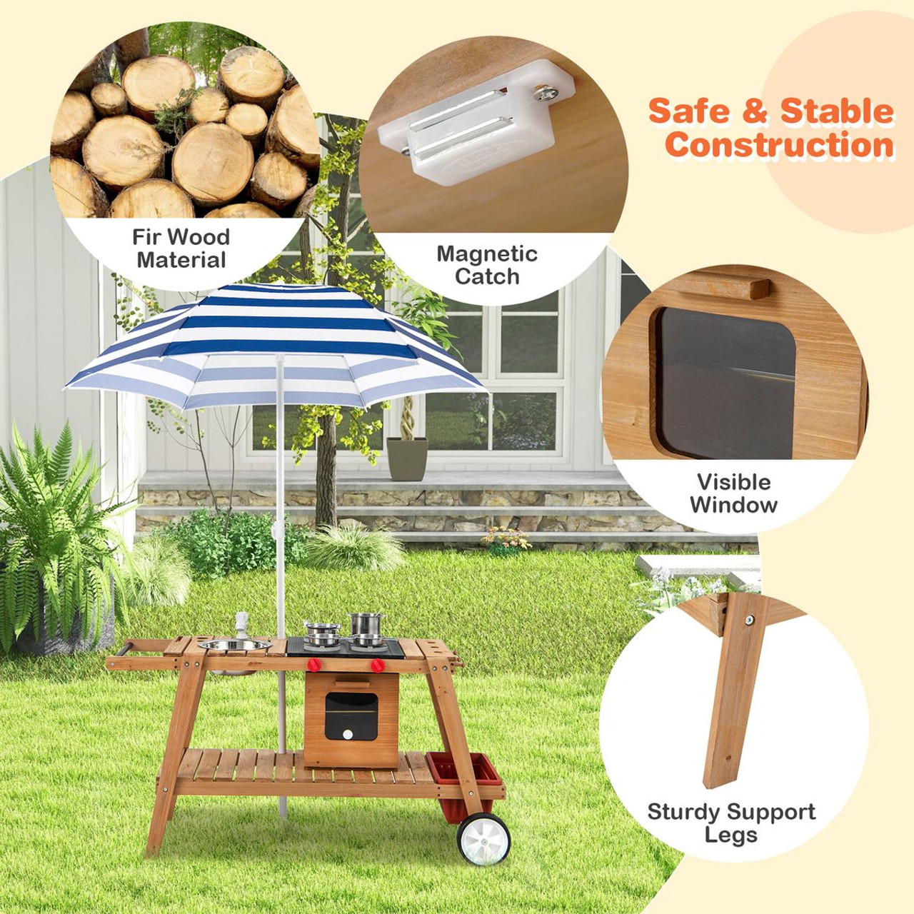 Outdoor Kid's Play Wooden Trolley with Sun Umbrella product image