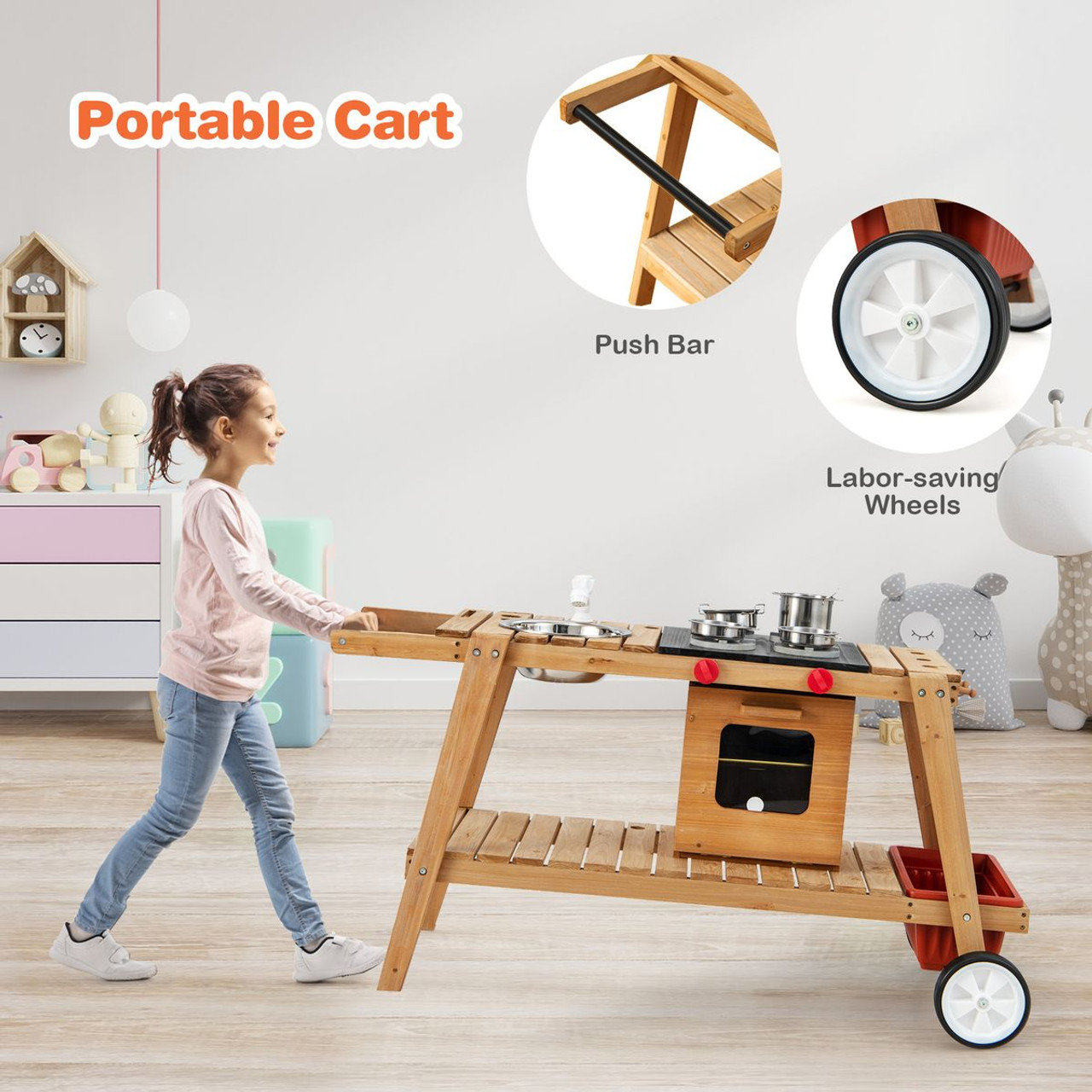 Outdoor Kid's Play Wooden Trolley with Sun Umbrella product image