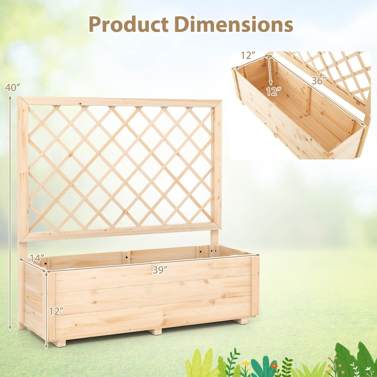 40" Wooden Raised Garden Bed with Lattice Trellis for Climbing Plants product image