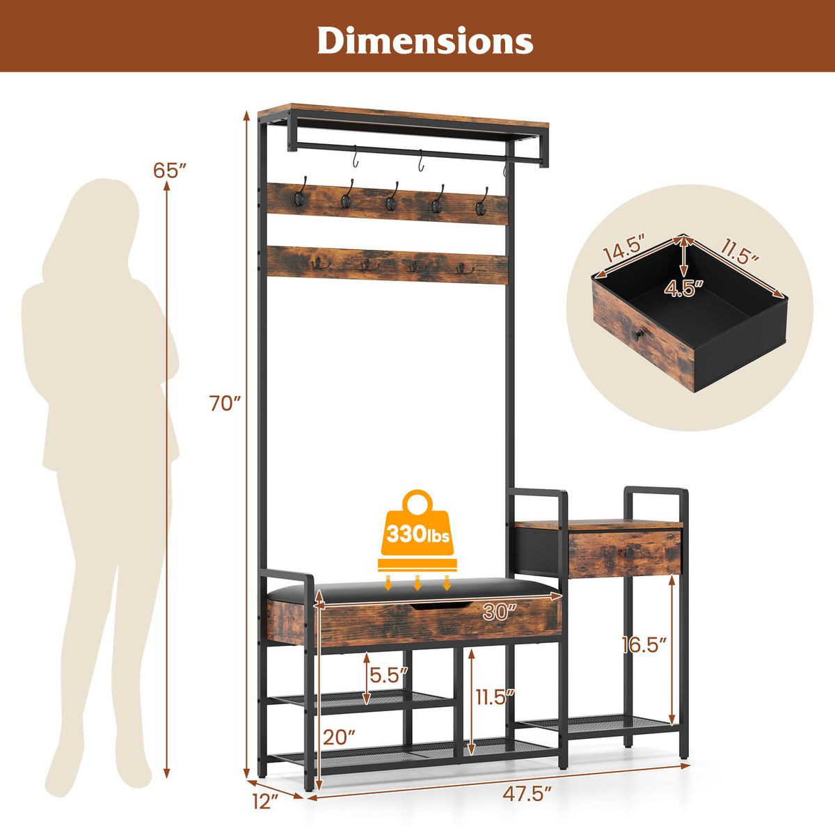 70" Freestanding Coat Rack with Drawers and Storage product image