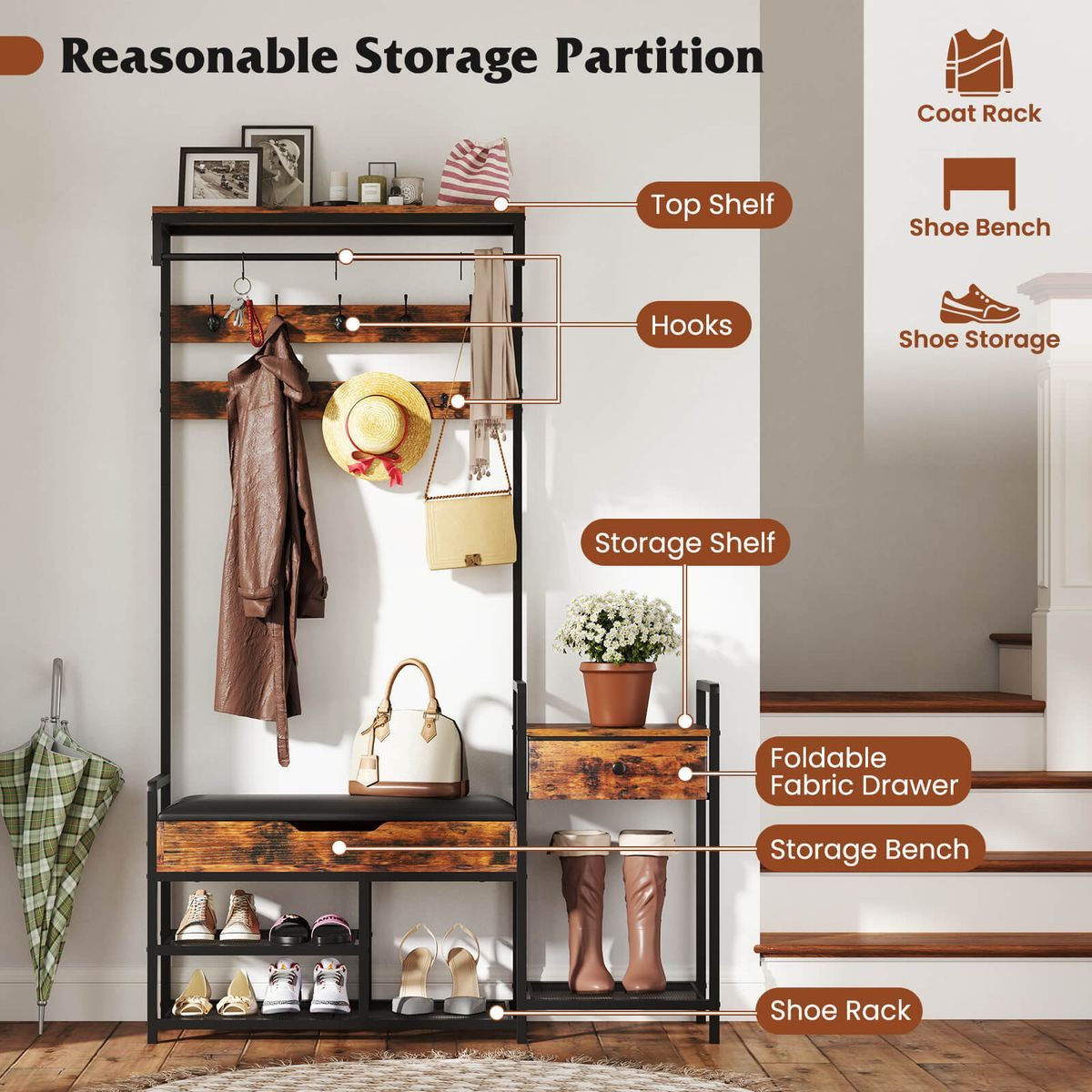70" Freestanding Coat Rack with Drawers and Storage product image