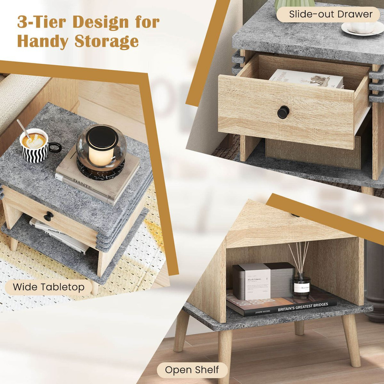 3-Tier Bedside Table with Antique Grey Faux Marble Top product image