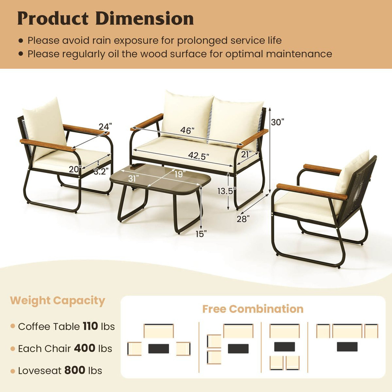Patio Furniture Set with Tempered Glass Tabletop and Removable Cushions product image