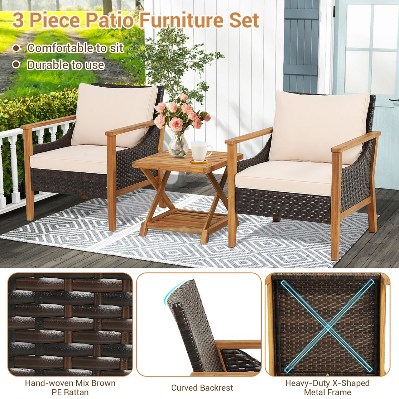 3-Piece Patio Wicker Furniture Set with 2-Tier Side Table product image