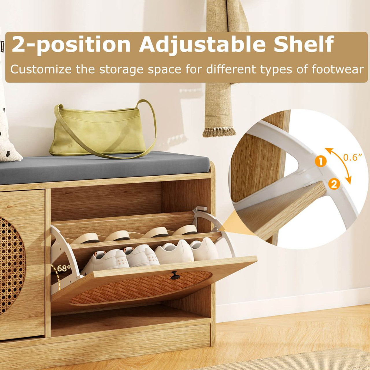 Shoe Storage Bench with Cushion and 2 Flip-Over Doors product image