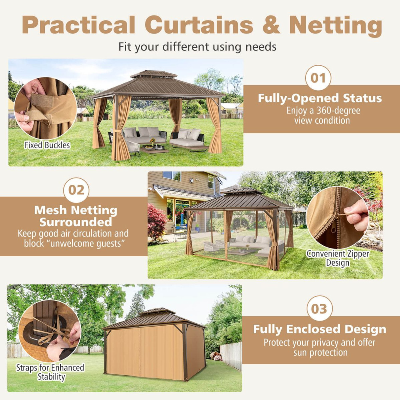14 x 12-foot Hardtop Gazebo with Curtains and Overhang Eave Design product image
