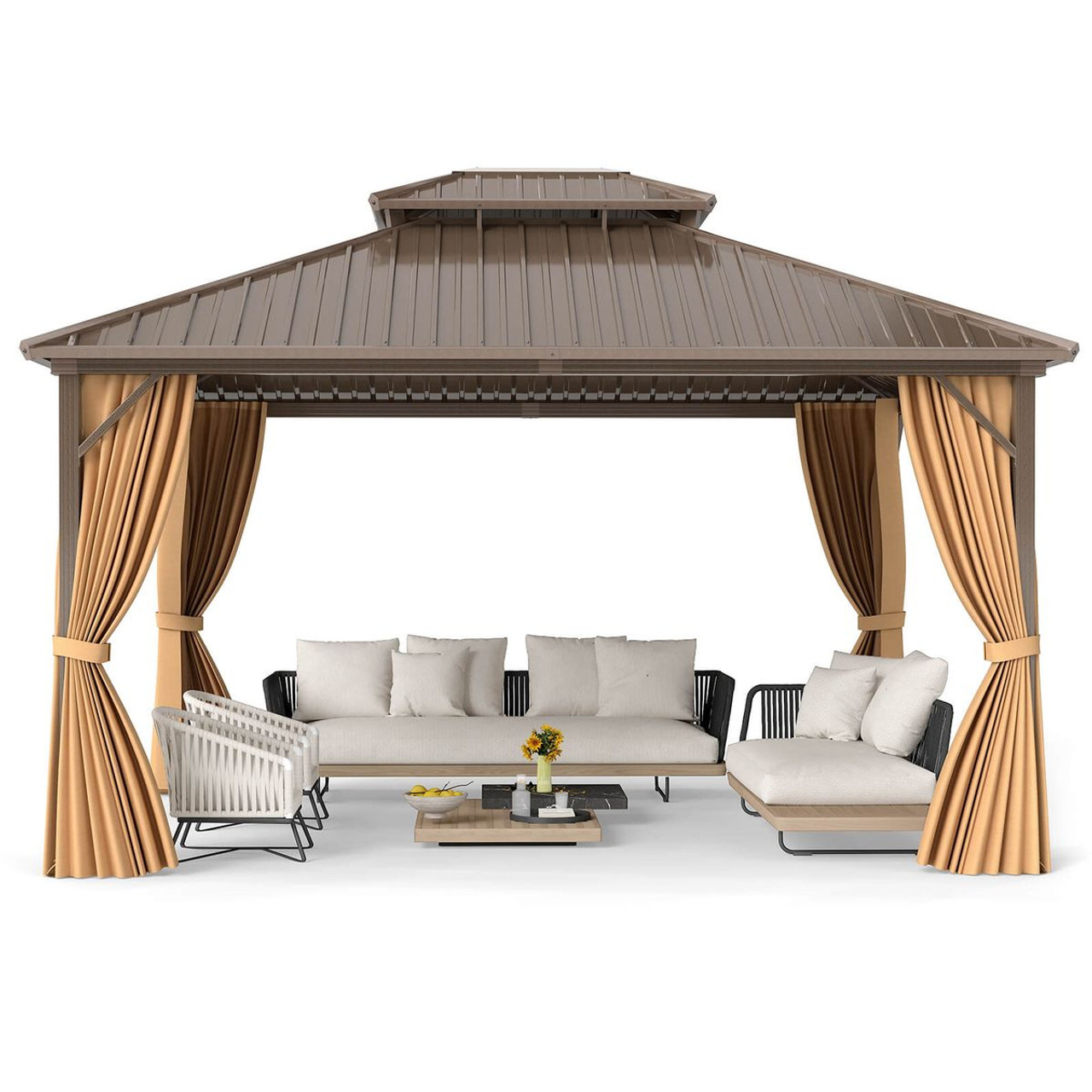 14 x 12-foot Hardtop Gazebo with Curtains and Overhang Eave Design product image