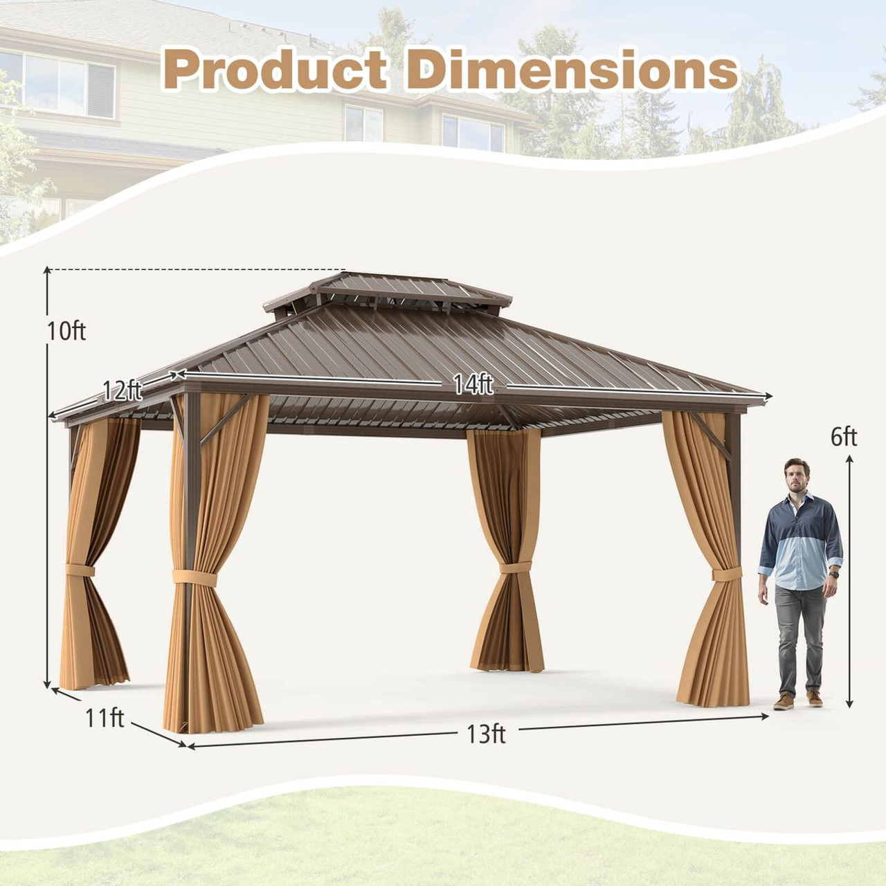 14 x 12-foot Hardtop Gazebo with Curtains and Overhang Eave Design product image
