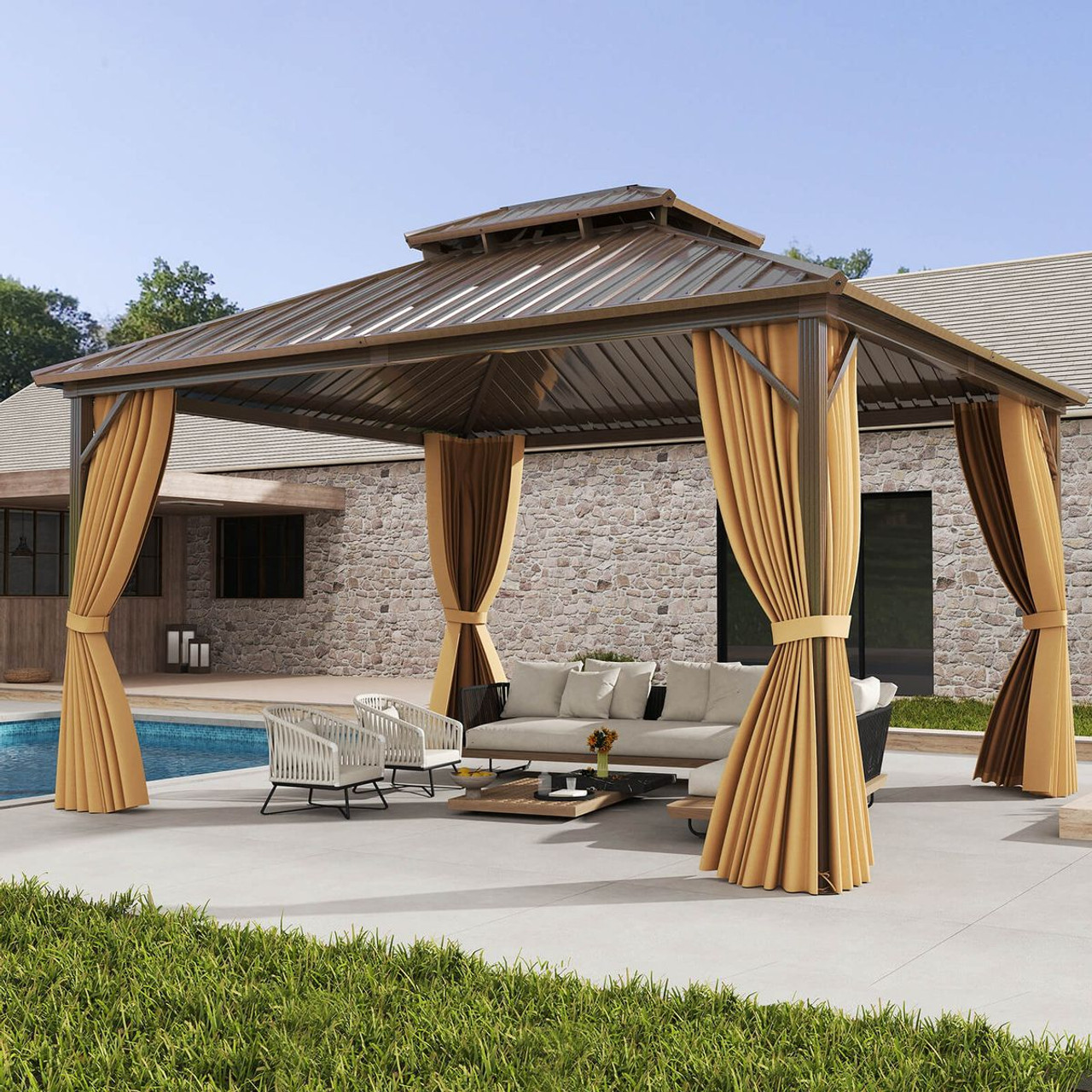 14 x 12-foot Hardtop Gazebo with Curtains and Overhang Eave Design product image