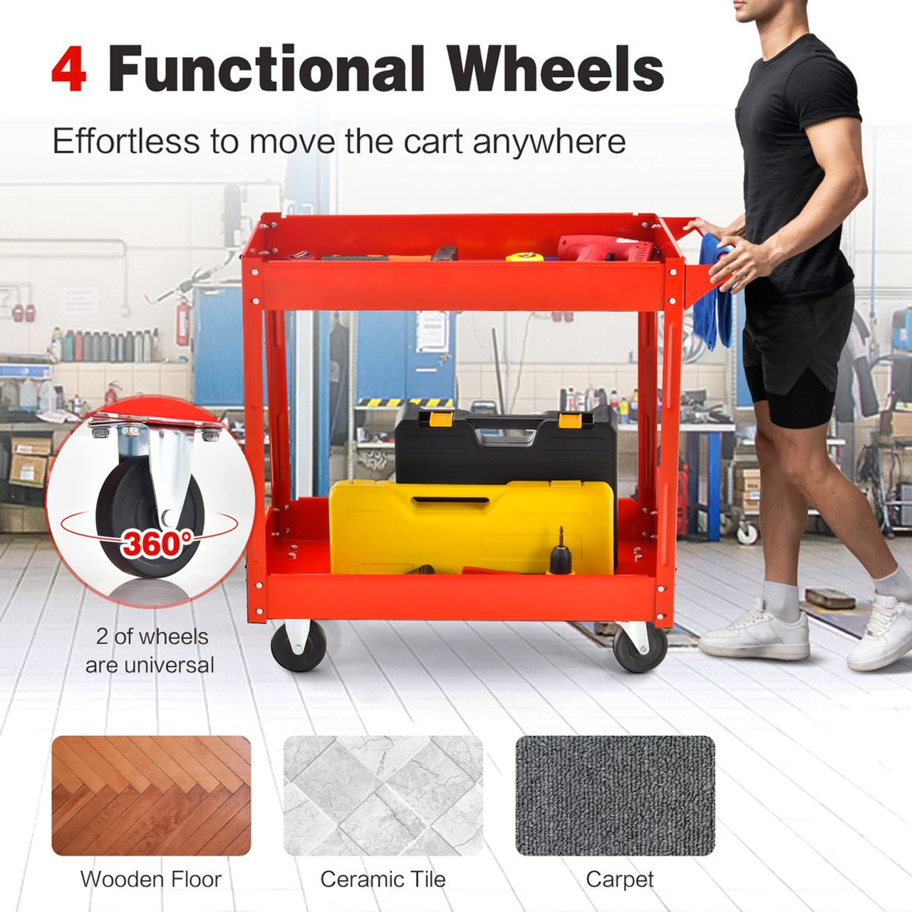 2-Tier Utility Cart with Handle and Heavy-Duty Metal Frame product image