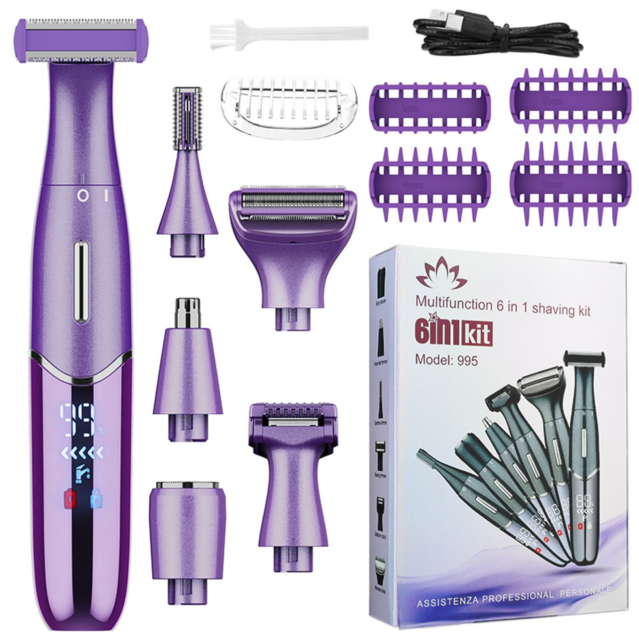 6-in-1 Women Electric Shaver Replaceable Heads for Whole Body Private Epilator Shaving Razor Nose Hair Trimmer Color Purple product image