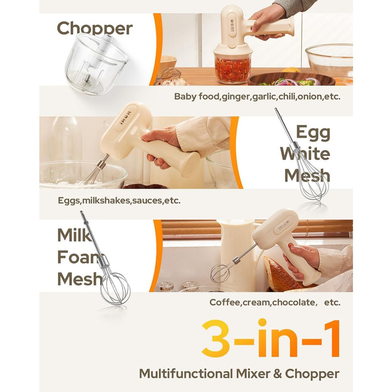 3-in-1 Electric Hand Mixer with 3 Speeds and Garlic Chopper product image