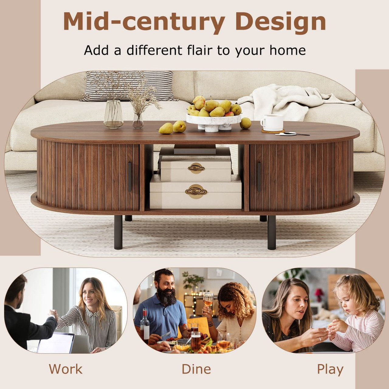 48" Mid Century Center Table with Sliding Fluted Doors product image
