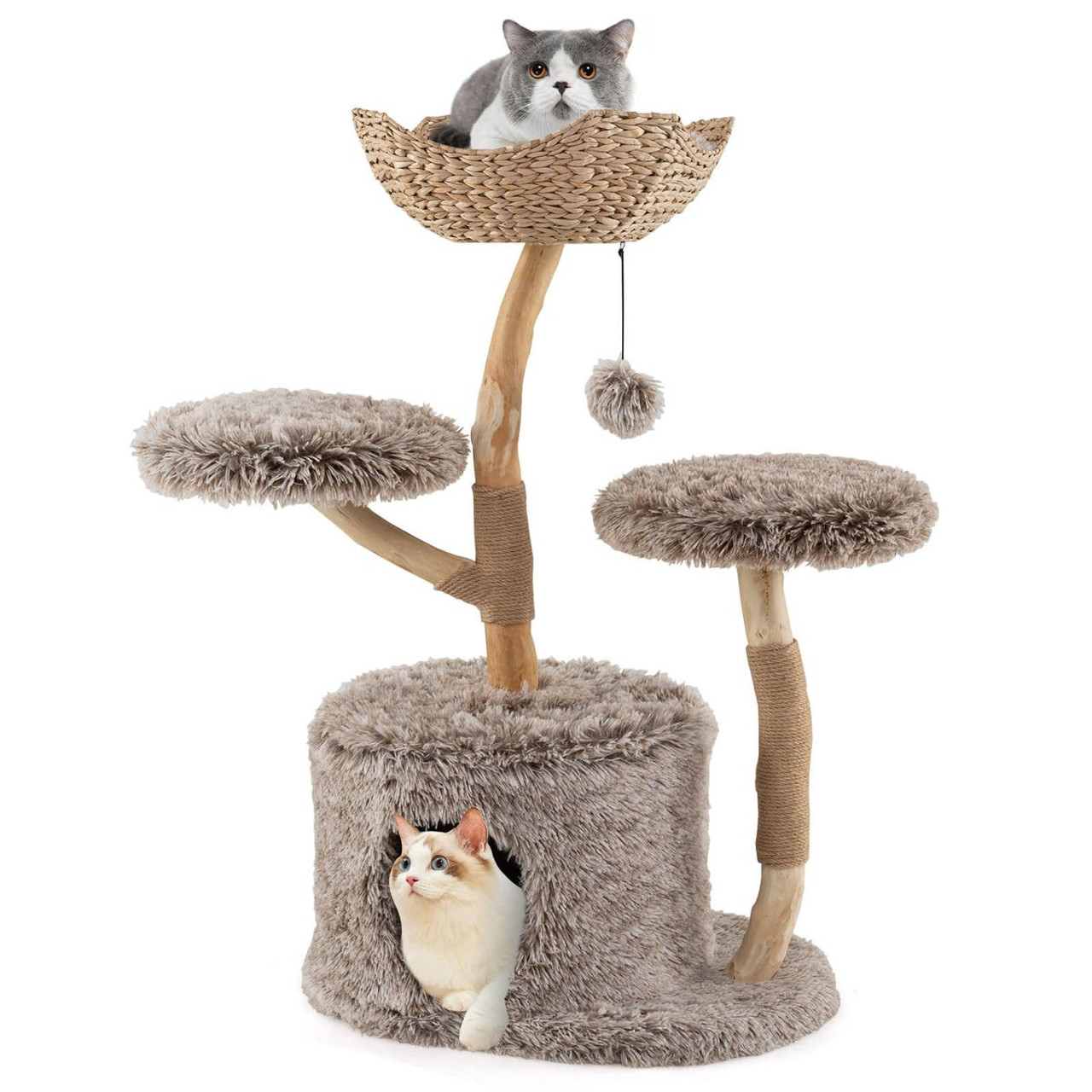 Solid Wood Cat Tree with Woven Cattail Basket product image
