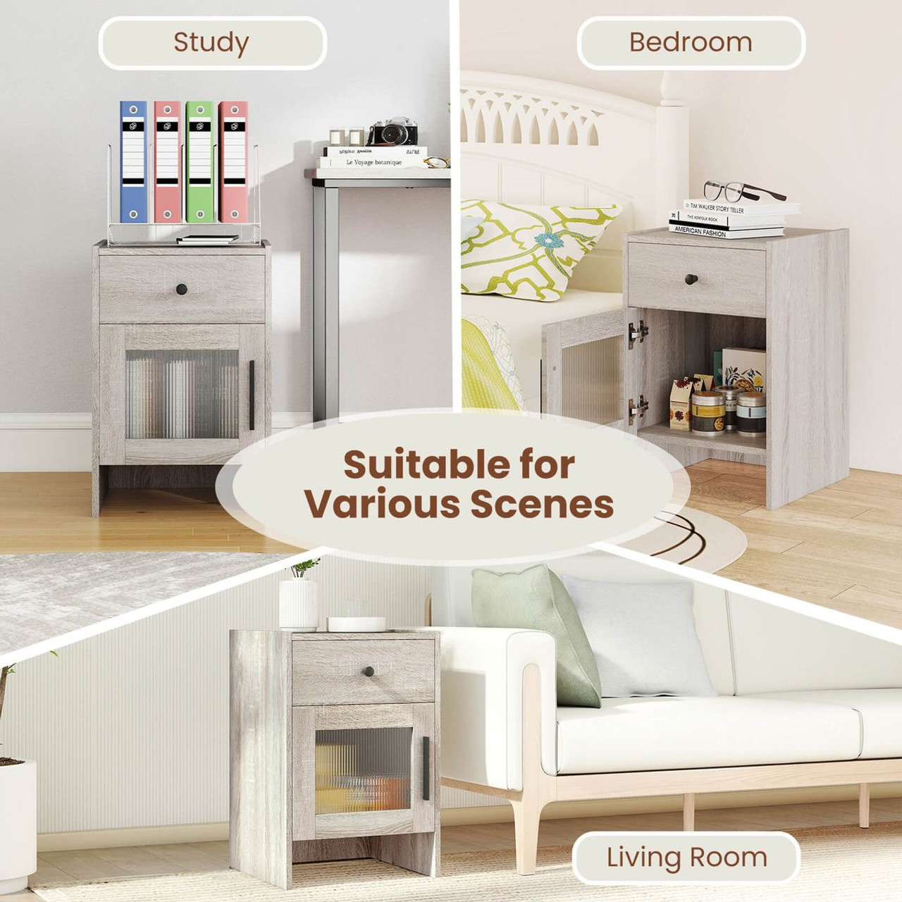 Farmhouse Nightstand Fluted Bed Side Table with Large Drawer product image