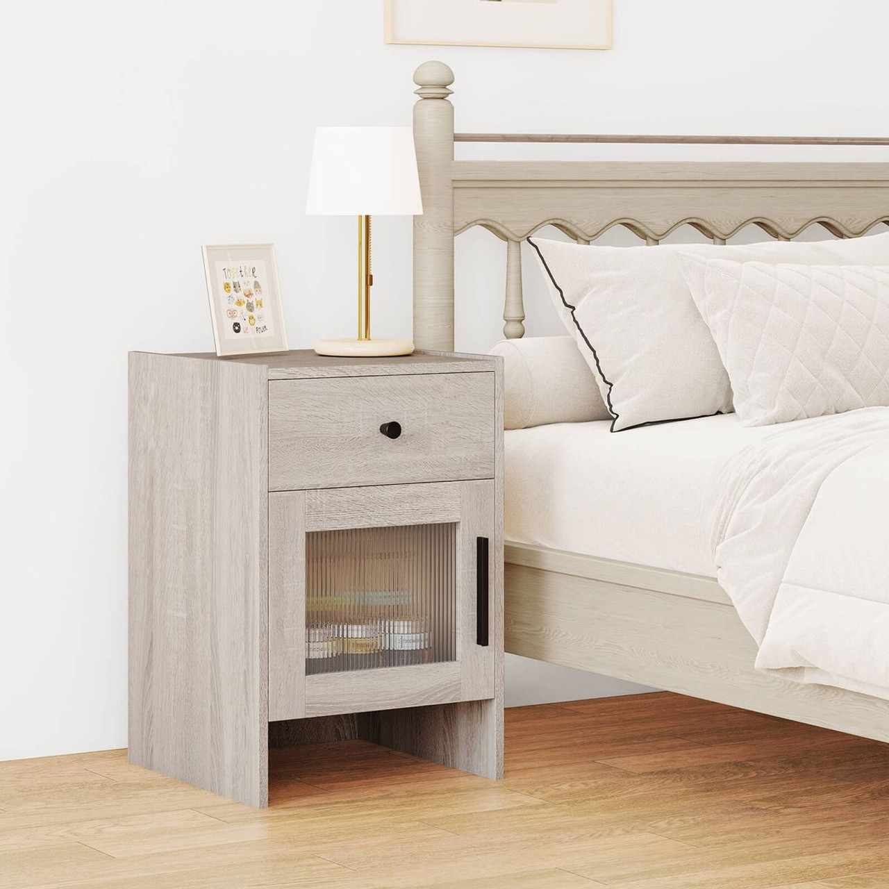 Farmhouse Nightstand Fluted Bed Side Table with Large Drawer product image