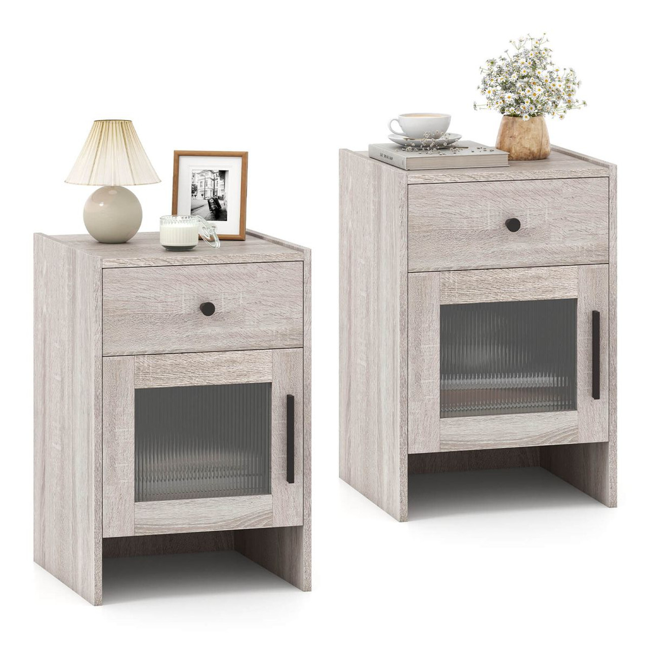 Farmhouse Nightstand Fluted Bed Side Table with Large Drawer product image