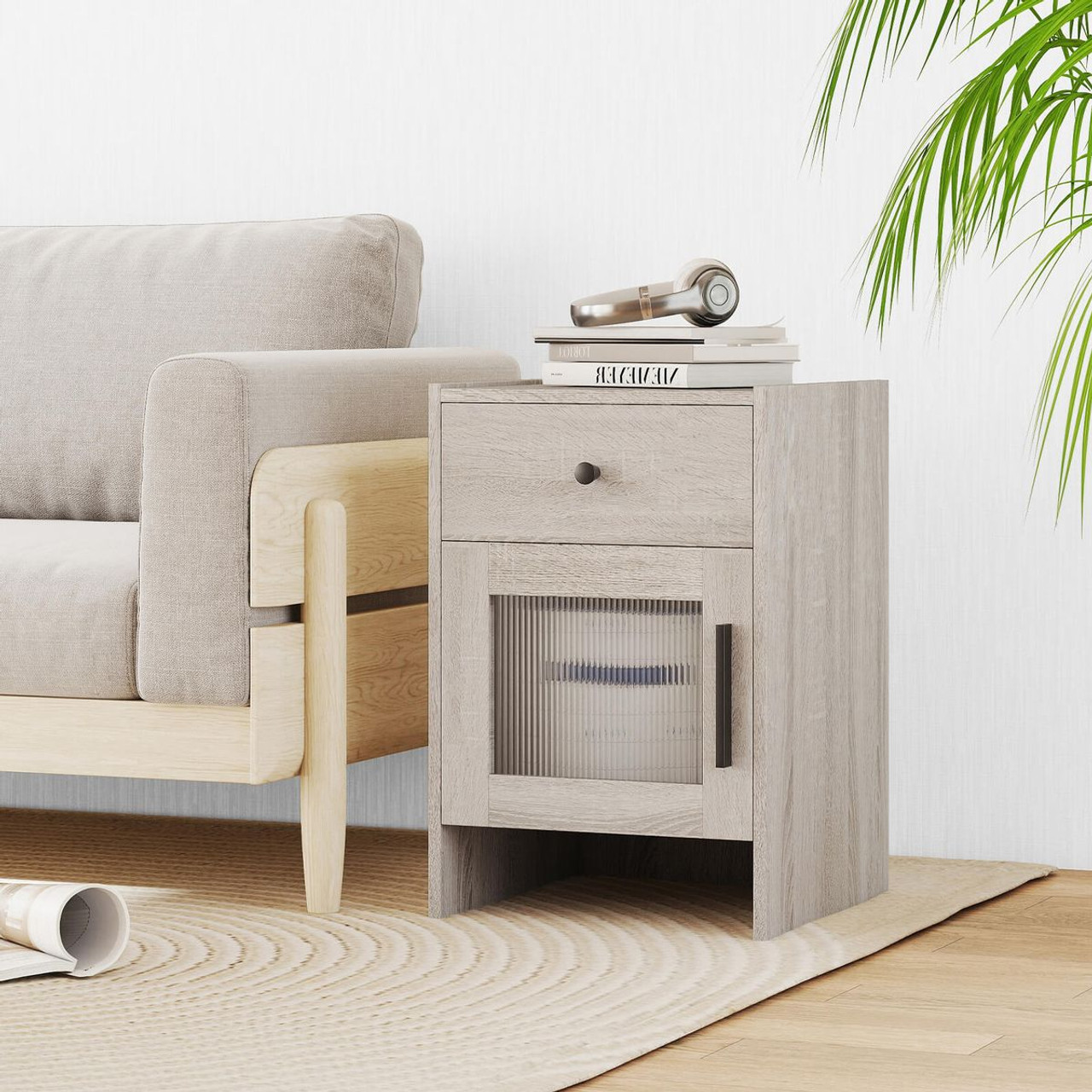 Farmhouse Nightstand Fluted Bed Side Table with Large Drawer product image