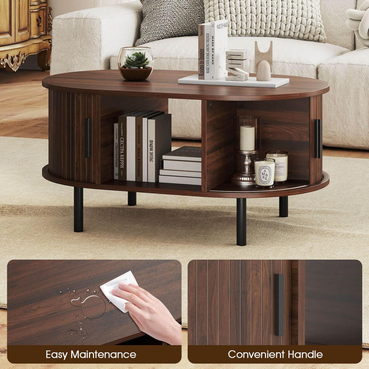 Oval Coffee Table with Sliding Tambour Doors product image