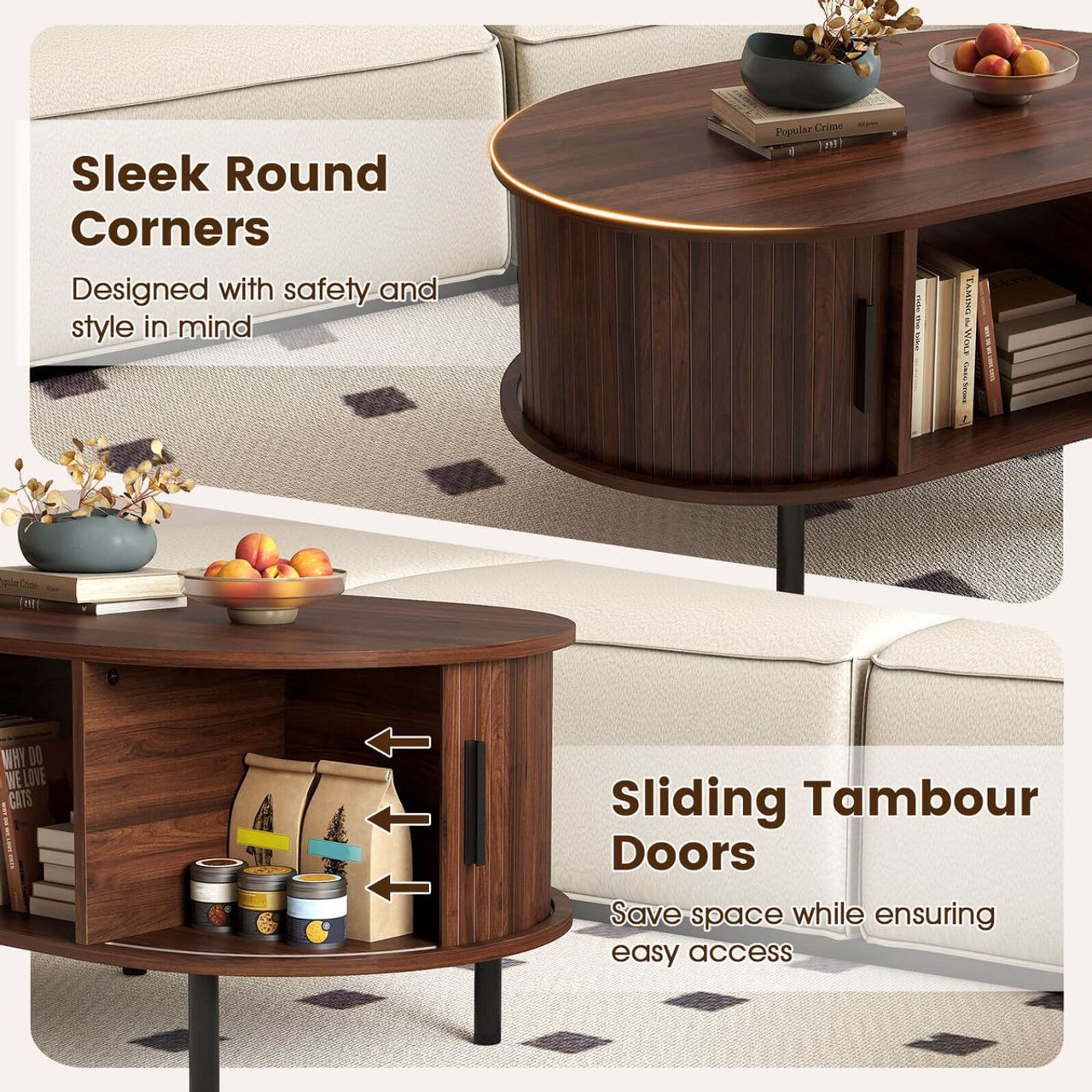 Oval Coffee Table with Sliding Tambour Doors product image
