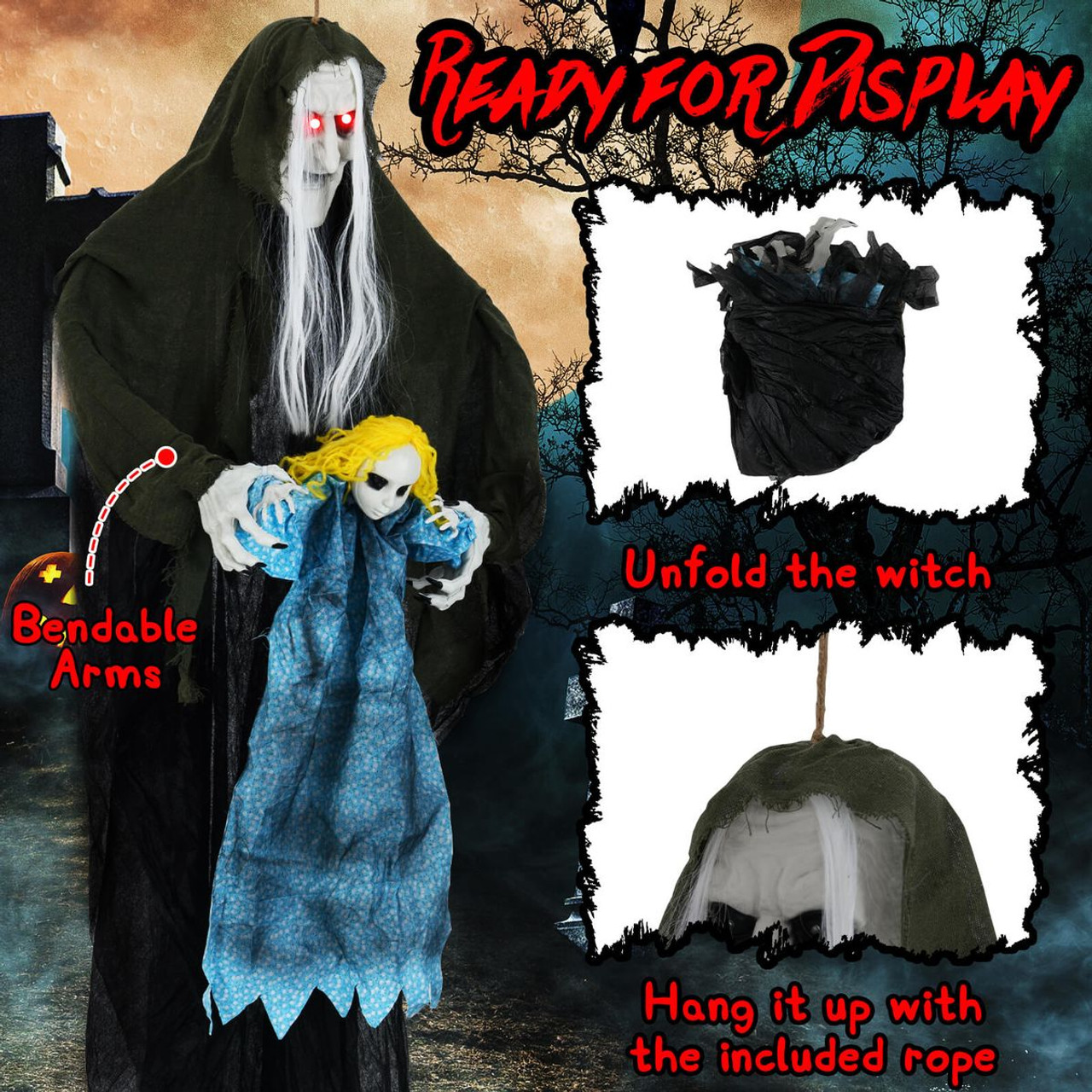 6’11” Sound-Activated Witch Holding Ghost Girl Decoration product image