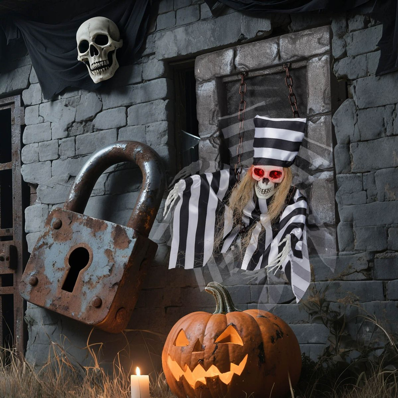18” Animated Hanging Skull Prisoner Decoration with LED Lights product image