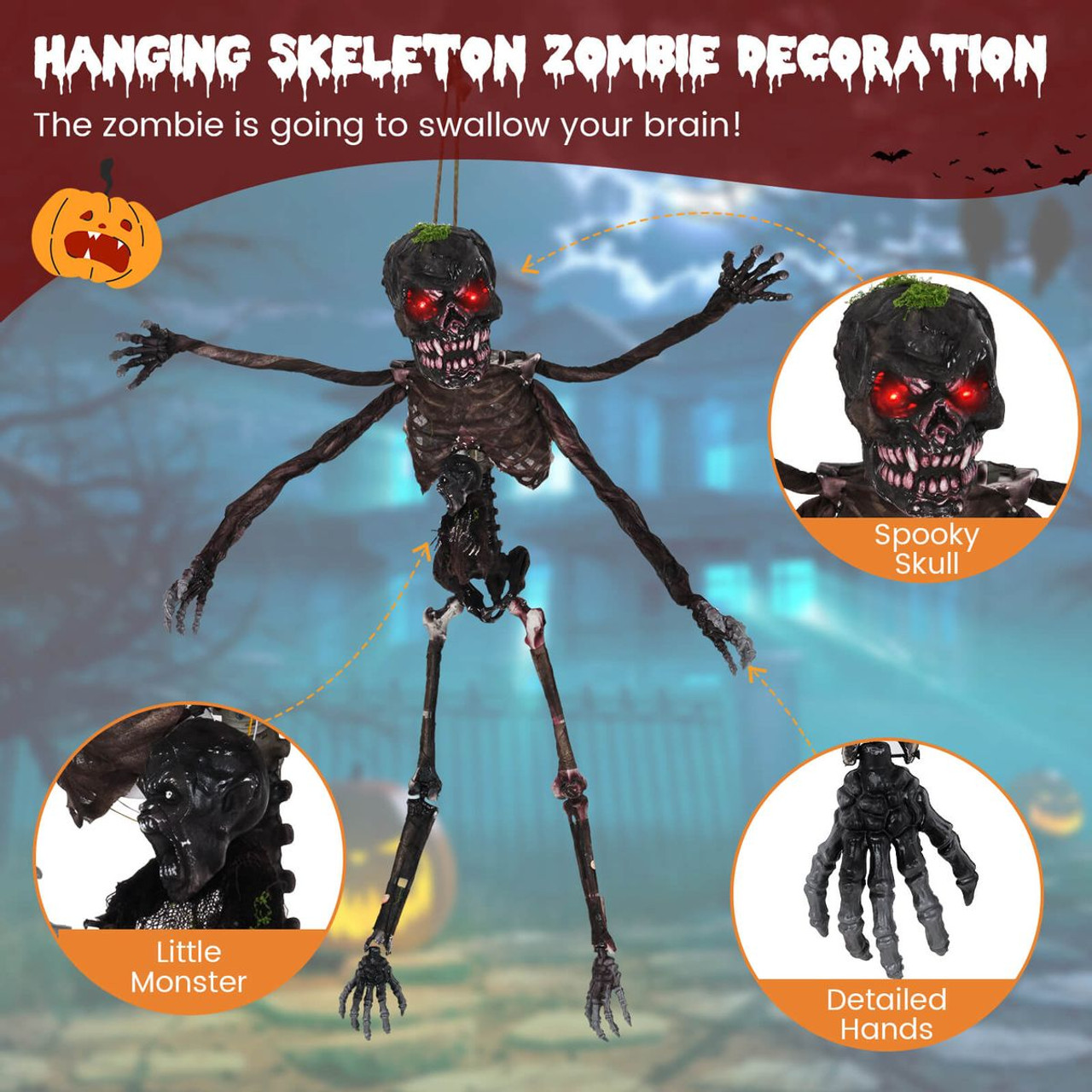6-foot Animated Hanging Zombie Decoration with Light-up Eyes product image
