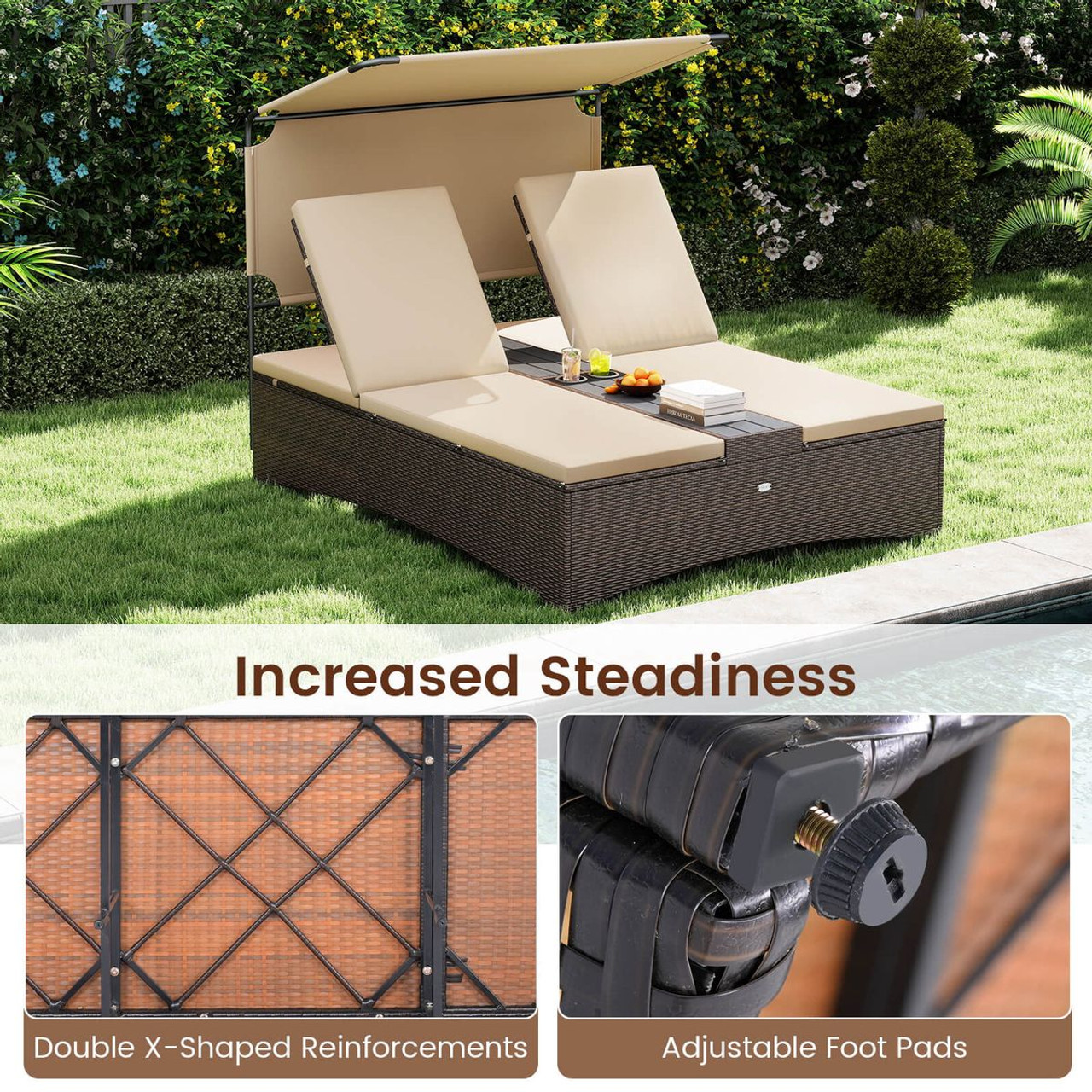 Outdoor Daybed with 4-Position Adjustable Backrests and Tabletops product image