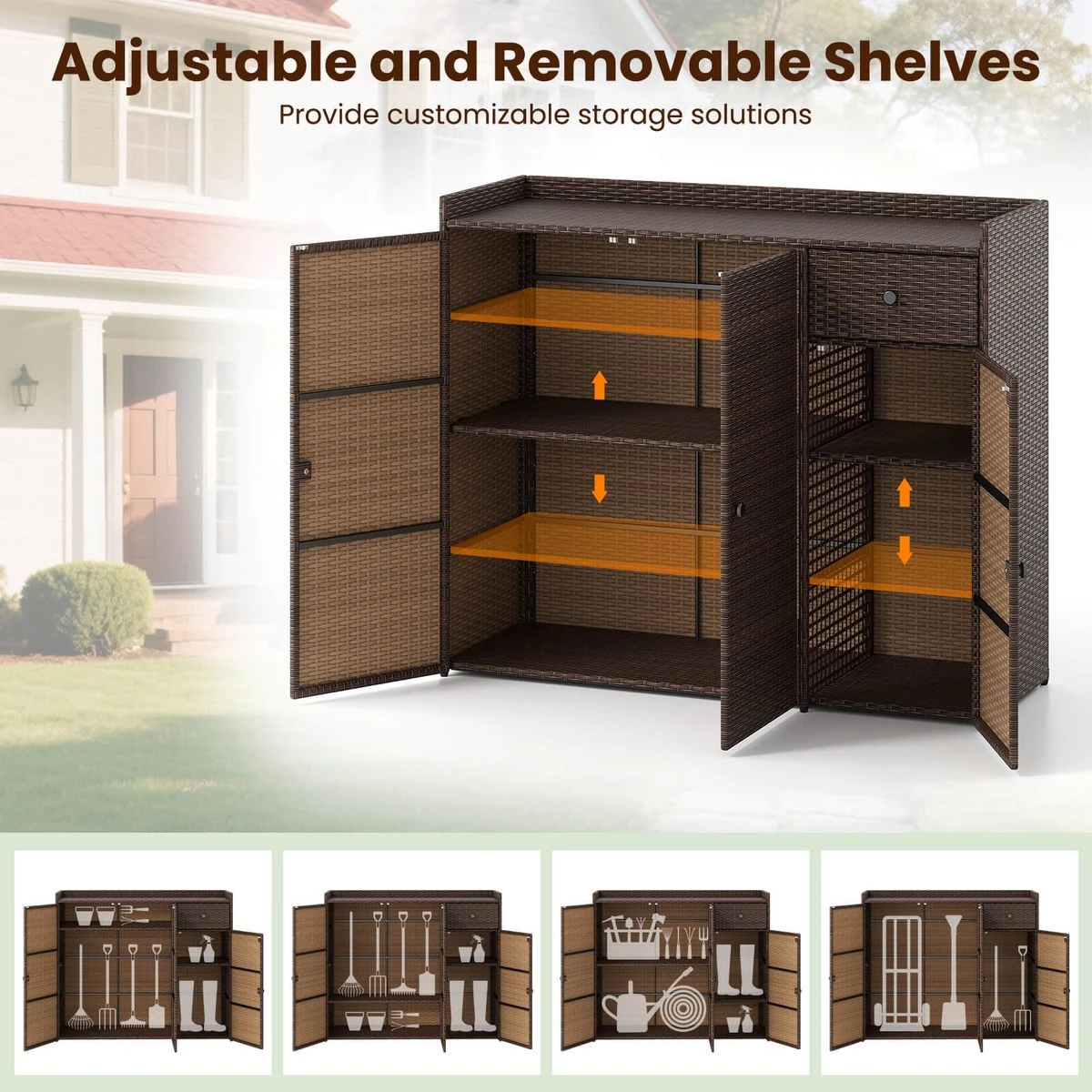 Outdoor PE Wicker Storage Cabinet with 3 Doors and Adjustable Shelves product image