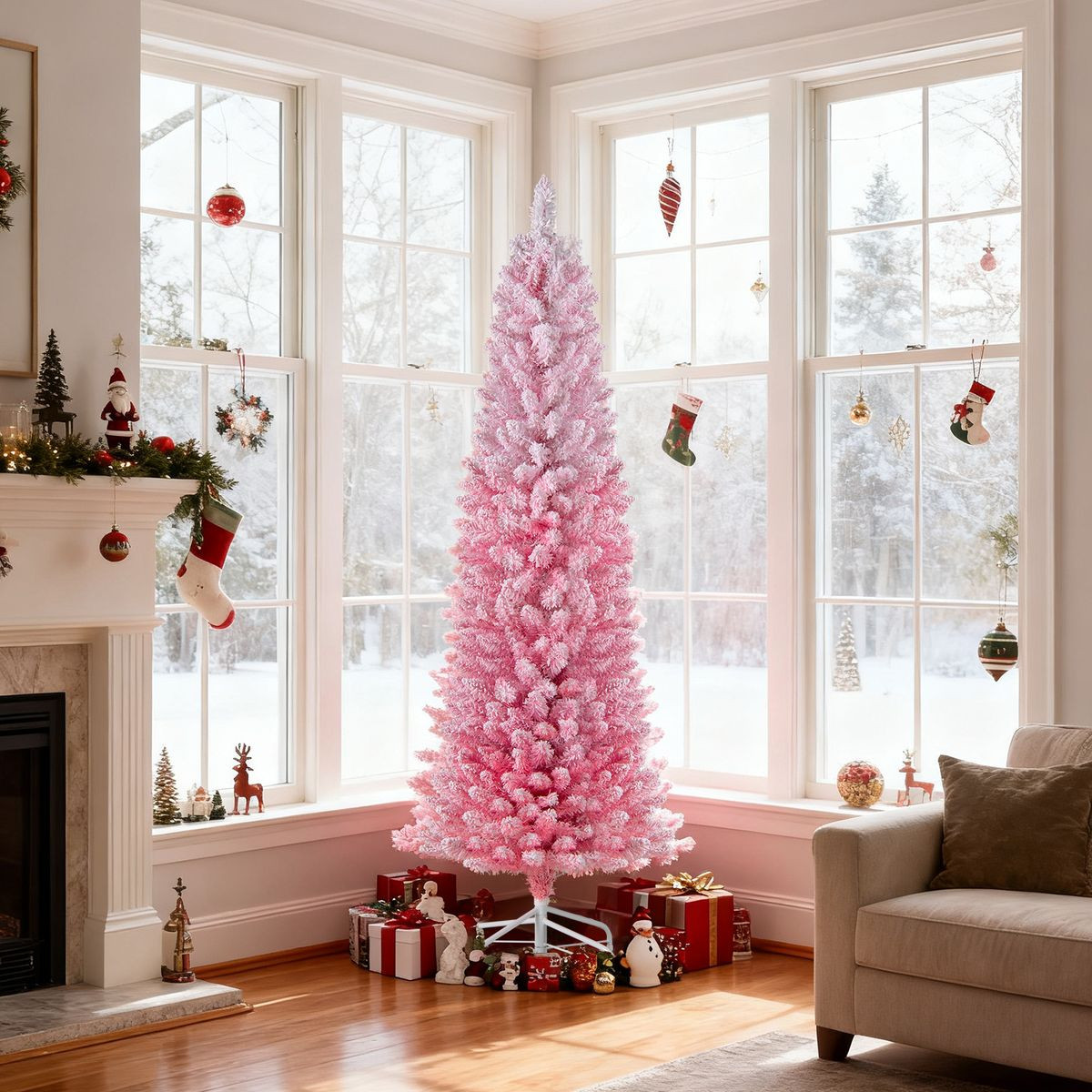 Snow-Flocked Artificial Pink Christmas Tree with LED Lights  product image