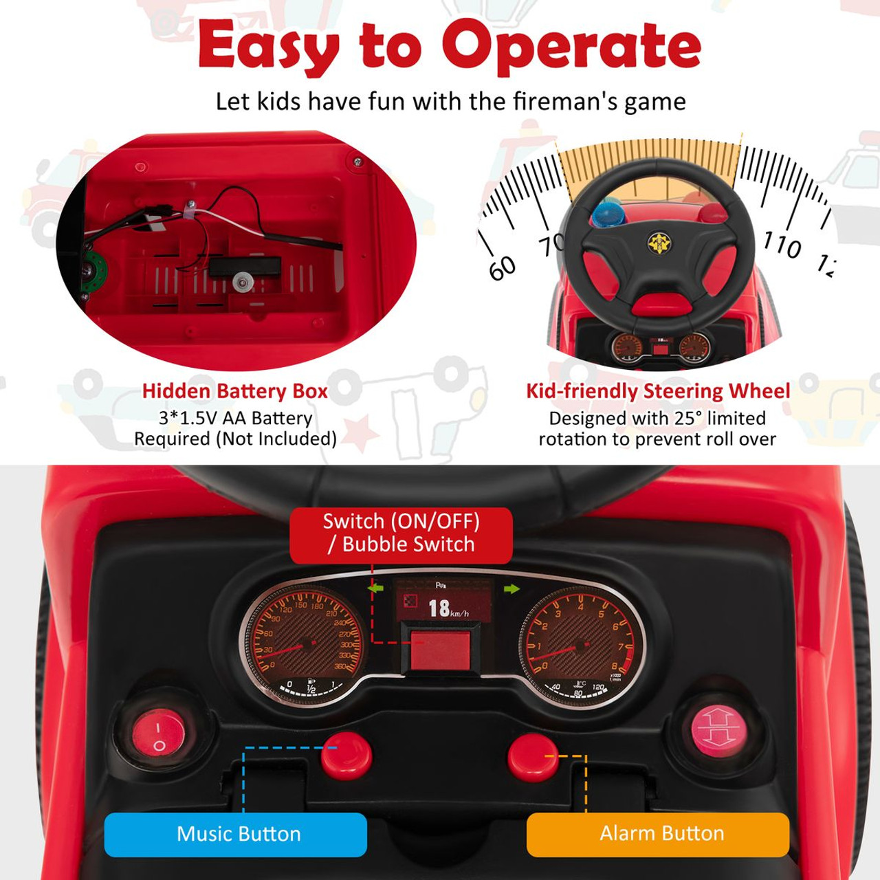 Kids' Foot-to-Floor Fire Truck with Music and Bubble Maker product image