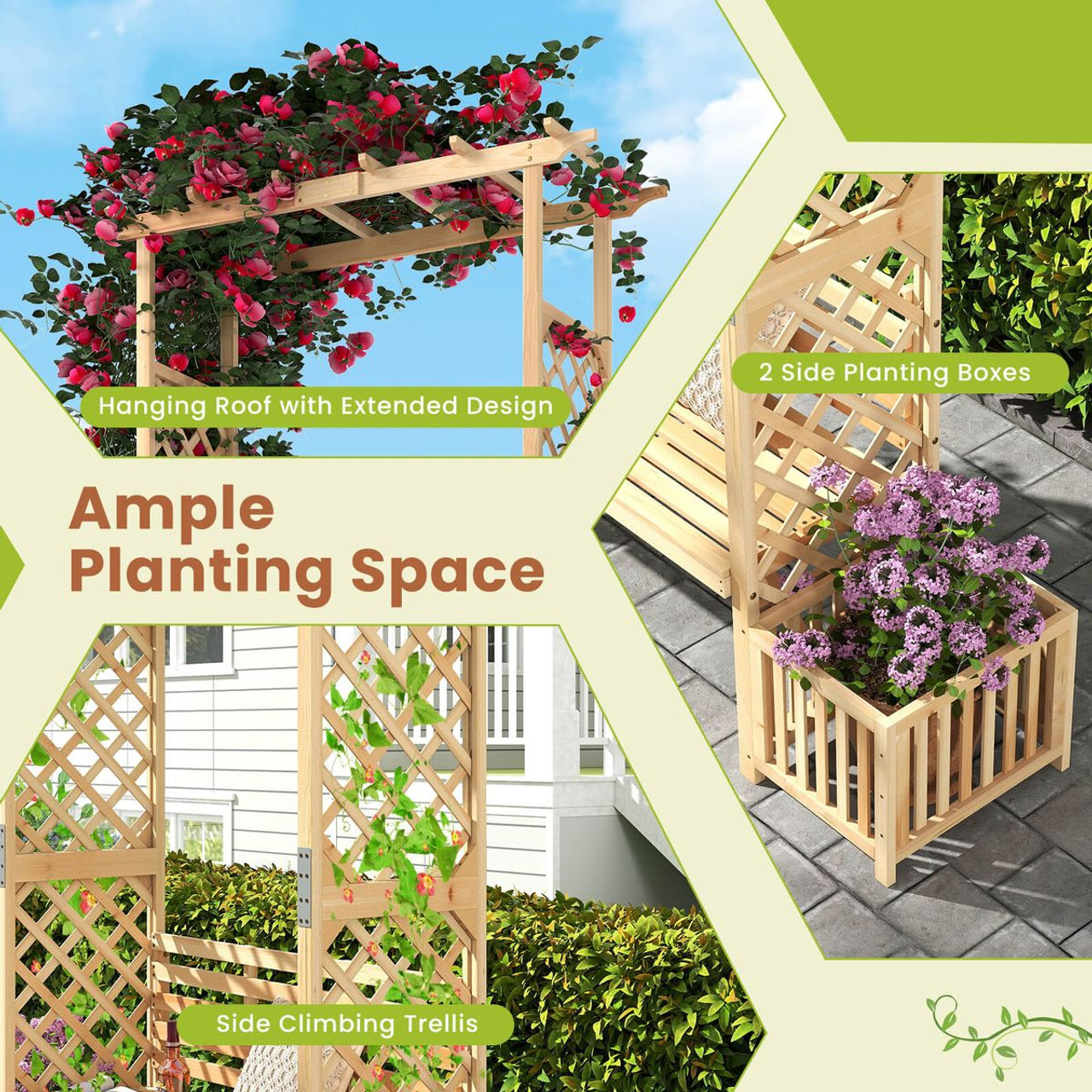 Patio Garden Bench Arbor Arch with Planting Boxes product image