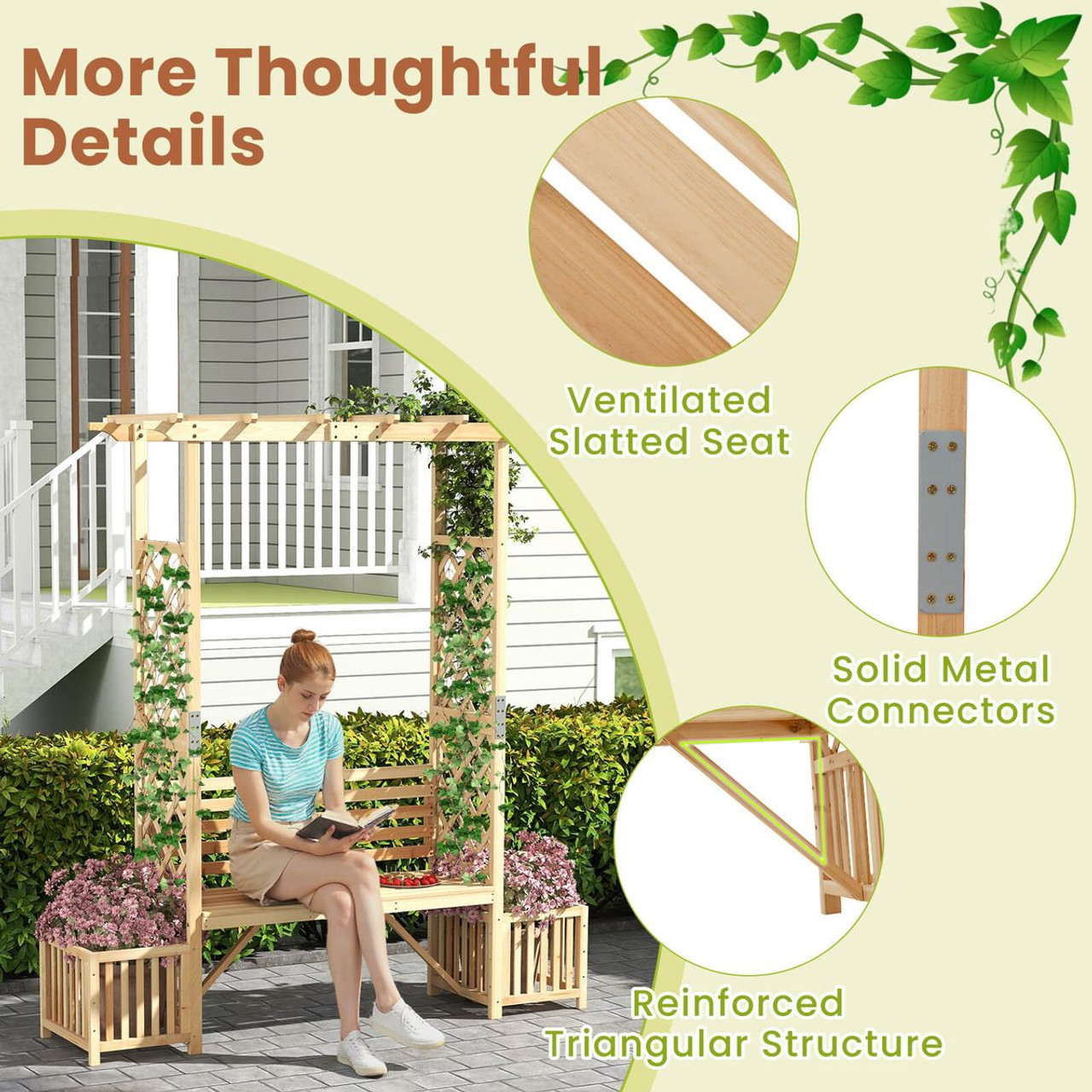 Patio Garden Bench Arbor Arch with Planting Boxes product image