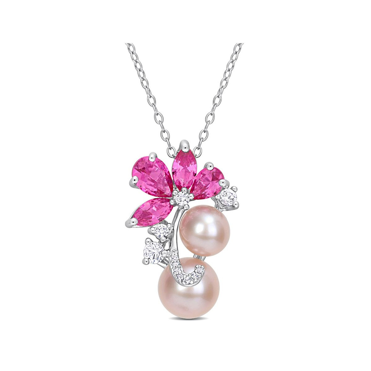 Lab-Created Pink and White Sapphire Pearl Necklace product image Lab-Created Pink and White Sapphire Pearl Necklace product image