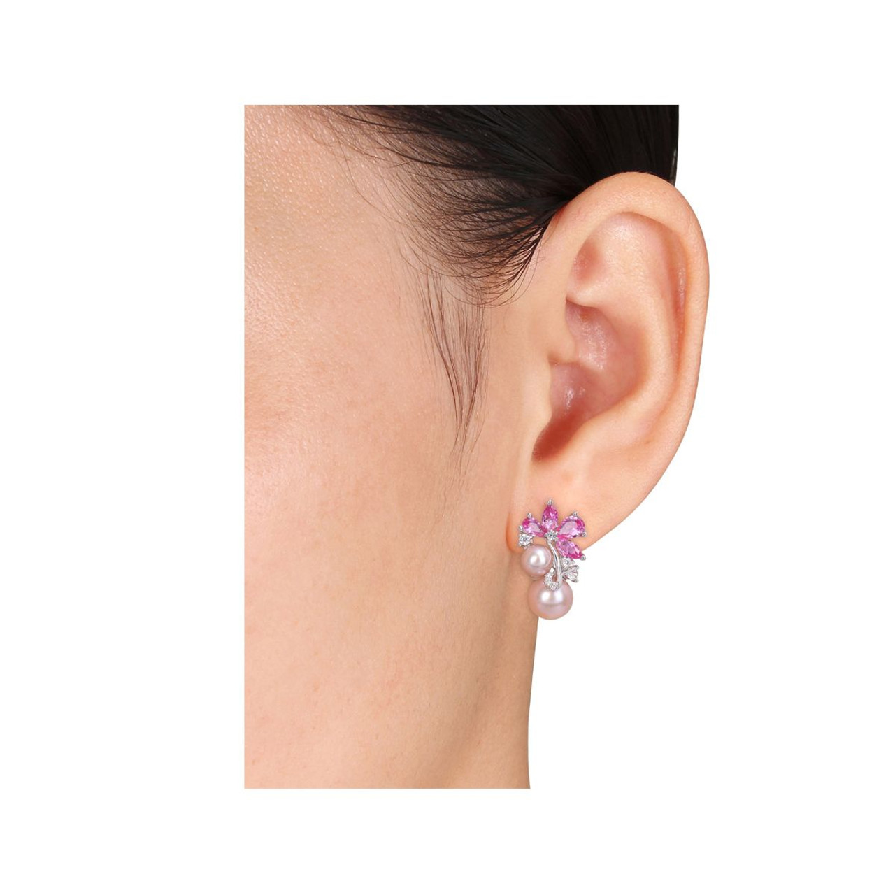 Lab-Created Pink Sapphire and White Sapphire Freshwater Pearl Earrings product image Lab-Created Pink Sapphire and White Sapphire Freshwater Pearl Earrings product image