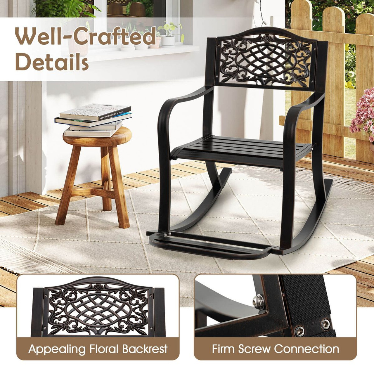 Outdoor Patio Rocking Chair with Floral Backrest Design product image Outdoor Patio Rocking Chair with Floral Backrest Design product image